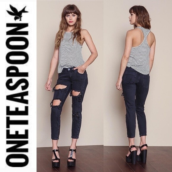 One Teaspoon Trashed Freebirds Jeans Fox Black Ripped Low Rise Distressed Y2K 24 - Picture 4 of 16